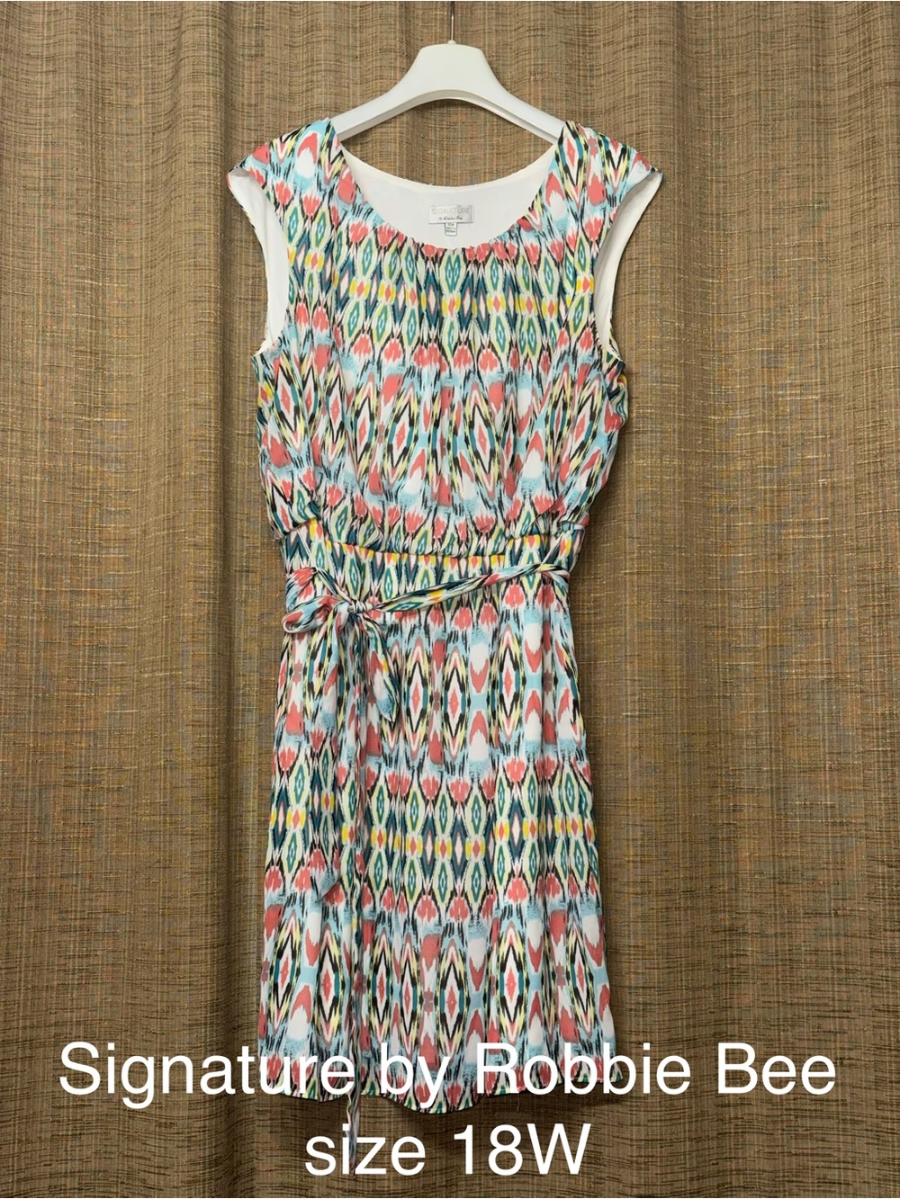 Signature by Robbie Bee Coral and Teal Ikat Belted Midi Dress